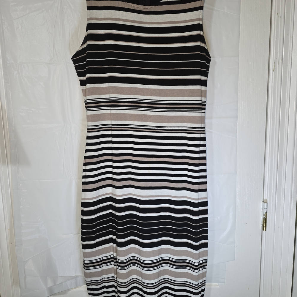Olivia Matthews Black, White & Beige Striped Midi Dress